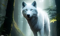 a white wolf is standing in the woods